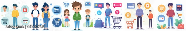 Fototapeta Cartoon Characters with Online Shopping and E-Commerce Icons – Flat Digital Lifestyle Illustration