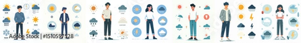 Fototapeta Cartoon Characters with Weather Icons – Flat Weather Forecast and Climate Condition Illustration