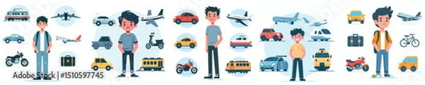 Fototapeta Cartoon Characters with Various Transport and Travel Icons – Planes, Trains, Cars, and Bikes