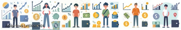 Fototapeta Cartoon Characters with Finance and Economy Icons – Growth, Money, Wallet, and Investment Charts

