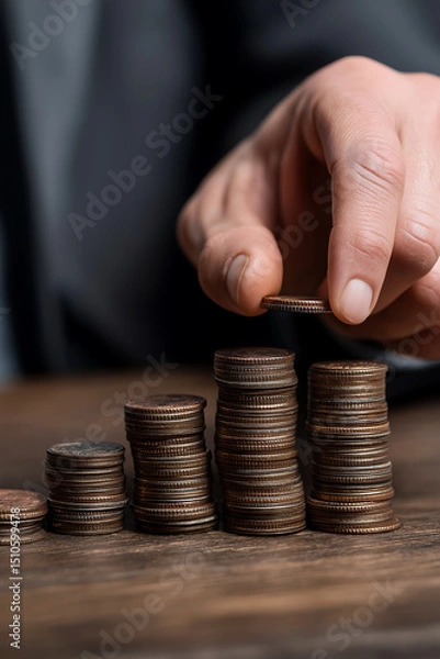Fototapeta Close up hand of a businessman is stacking coins, Symbolizing finance, investment and economic growth, money growth. Saving money concept
