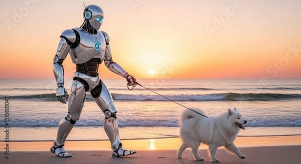 Obraz Robot walking a white dog along the beach at sunset - people and technology  