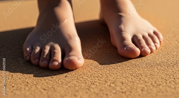 Obraz Close-up of bare feet standing on sandy beach during daylight  