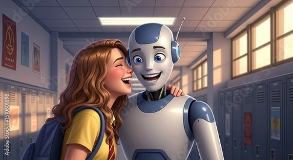 Obraz Girl laughing while talking to robot in school hallway  