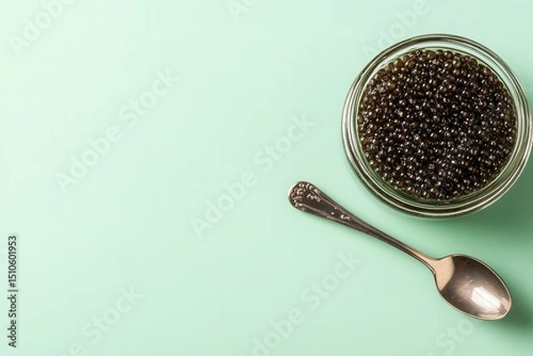 Obraz Over pale green setting glass jar of caviar with black truffle pearls and metal spoon depict seafood and opulent item lovely delish, Generative AI.
