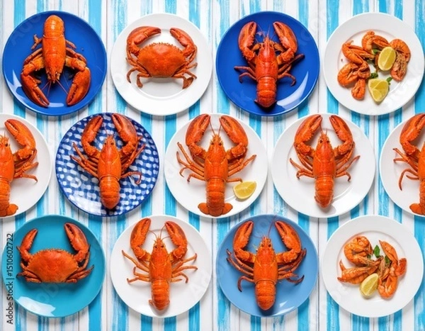 Fototapeta Seafood Feast Lobsters Crabs and Shrimp on Plates with Striped Background