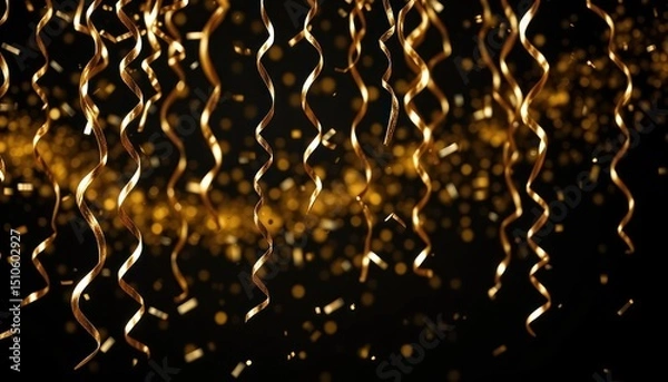Obraz Elegant celebration background with golden streamers and confetti on black