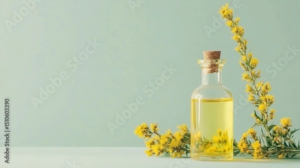 Obraz A tiny glass bottle with pure blooms and goldenrod oil over pale green setting depicting notion of extraction and scent lovely hue, Generative AI.