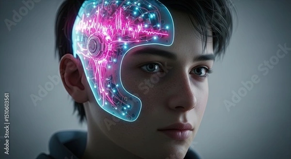 Obraz Young person with a digital interface in the head displaying lights  