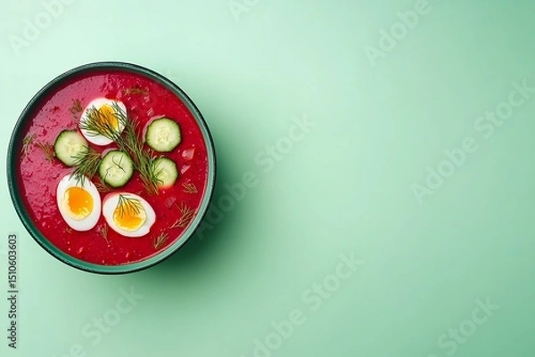 Obraz In bowl over pale green setting cold beetroot soup is shown with cook eggs cucumber dill green onions delish summery food, Generative AI.