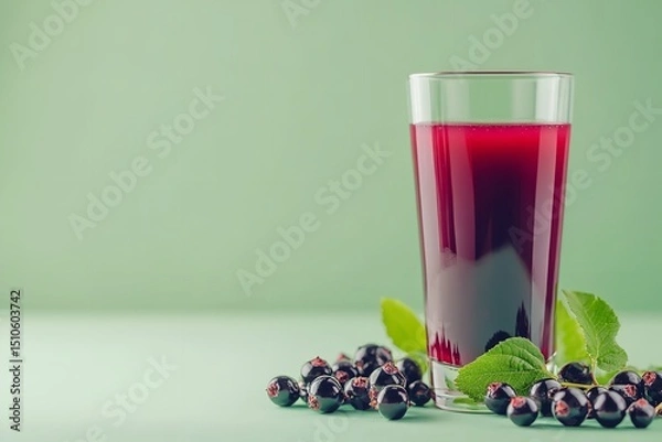 Obraz A tall glass with array of black chokeberries and juice over pale green setting depict notion of pure tea and wellness delish food, Generative AI.