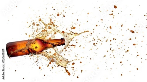 Fototapeta A beer bottle is spillage and crashing in midair over stark white setting depicting coolness and summertime delish and space, Generative AI.