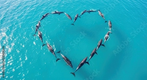 Obraz Dolphins forming a heart shape while swimming in clear turquoise water  