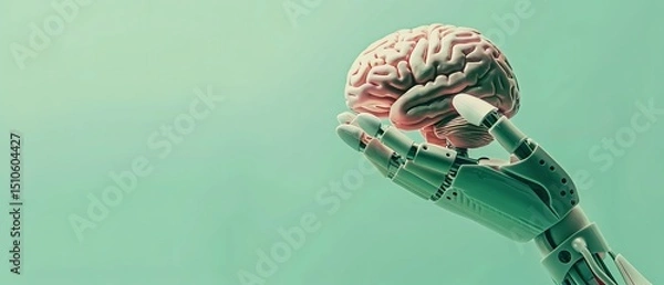 Fototapeta A shot of model human brain held in a robot's hand over a pale green setting depicts the medical and digital sectors of the future, Generative AI.