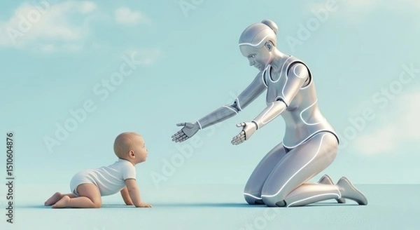 Obraz Robot reaching out to crawling baby in a futuristic environment  