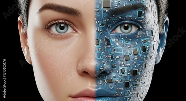 Obraz Human and technology integration with half face of woman and circuit board  