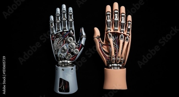 Obraz Robotic and human-like prosthetic hands displayed side by side  