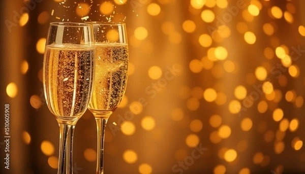Obraz Two elegant champagne flutes toasting amidst golden bokeh background