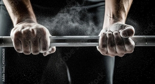 Obraz Strong hands gripping a barbell with chalk dust in gym setting  