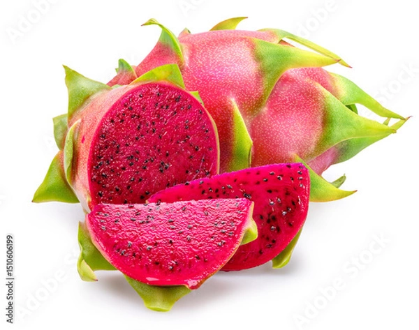 Fototapeta Dragon fruits and dragon fruit slices isolated on white background. File contains clipping paths.