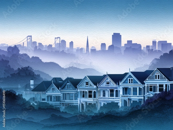 Fototapeta Watercolor postcard illustration of foggy San Francisco skyline with Victorian houses and dreamy lighting Generative AI
