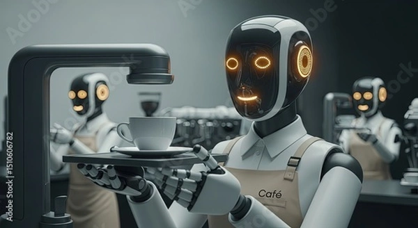 Obraz Robot barista serving coffee in futuristic café environment  