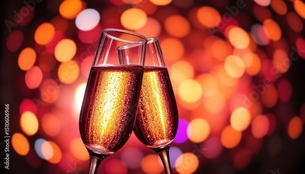 Obraz Sparkling champagne flutes toasting against vibrant bokeh background celebration