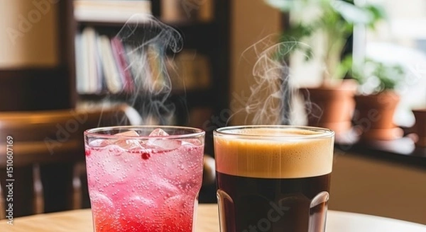 Obraz Two glasses with drinks of different colors for friends on table  