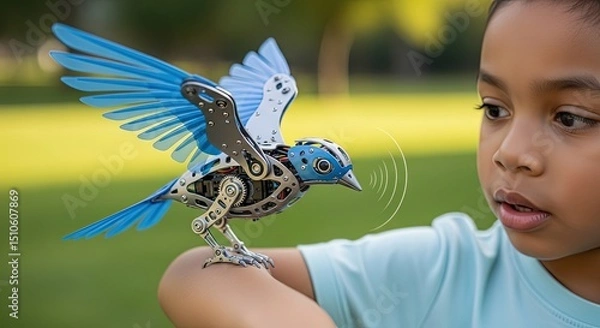 Obraz Young boy interacting with robotic bluebird on his arm outdoors  