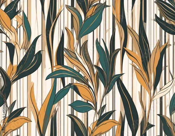 Obraz Stylized tropical leaves pattern with vertical stripes in shades of green and gold