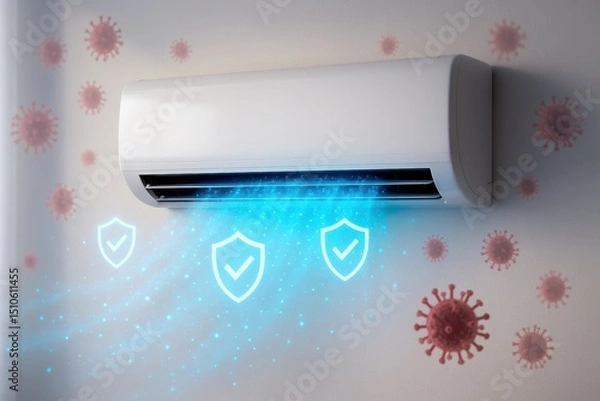 Fototapeta Air purifier function showing virus protection icons and clean blue airflow from air conditioner