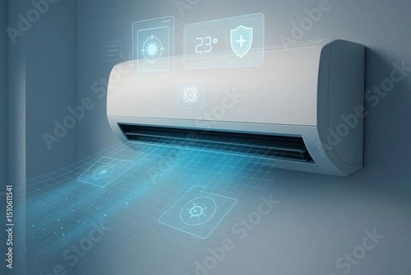 Fototapeta Smart air conditioner emitting clean airflow with temperature and virus protection interface icons