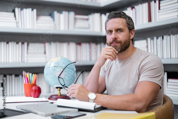 Fototapeta Teacher in classroom. Knowledge and education with handsome teacher. Teacher with book in classroom. Man on lesson in class. Teachers from university exam. College teacher. Teaching in university.