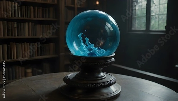 Fototapeta Enchanting Crystal Sphere with Vibrant Blue Swirls in Mystical Library