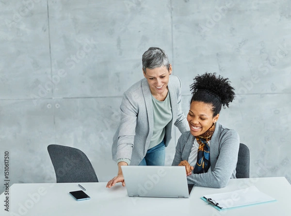 Fototapeta Portrait of two of young businesswomen multiethnic working with laptop on desk and talking in a start up office