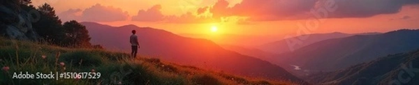 Fototapeta Serene sunrise over a tranquil landscape, perfect for meditation and quiet reflection; a sense of peace and spiritual contemplation pervades the scene , faith, background, landscape