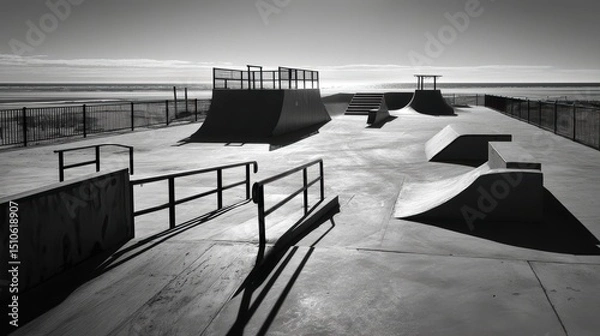 Fototapeta Empty Skatepark with Ramps and Rails Under Bright Sky and Ocean View in Black and White