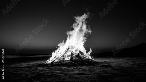 Fototapeta Dramatic Black and White Beach Bonfire at Dusk Creating Enchanting Flames Against a Dark Sky