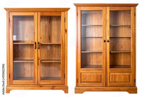 Fototapeta front view of wooden display cabinet or shelf with glass isolated on white background