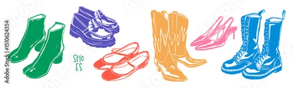 Fototapeta Different shoes. Heeled summer shoes, ankle, high cowboy boots, loafer. Casual leather footwear for women, men. Hand drawn modern Vector illustration. Trendy colorful style. Isolated design elements