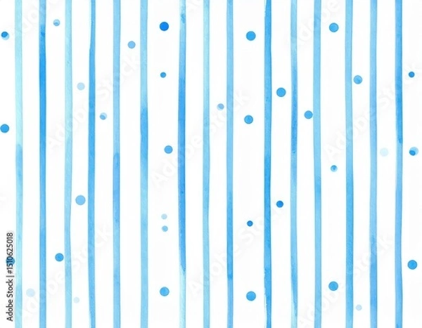 Obraz Watercolor Blue Stripes and Polka Dots on White Background Abstract Pattern