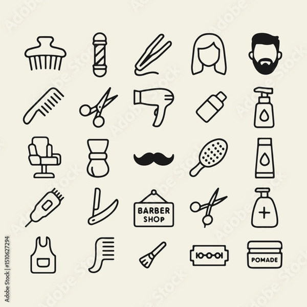 Fototapeta A set of 25 black and white outline icons related to barbershops and hair salons. Includes scissors, razors, combs, hairdryers, chairs, beards, and more. Clean, minimalist style on white background.