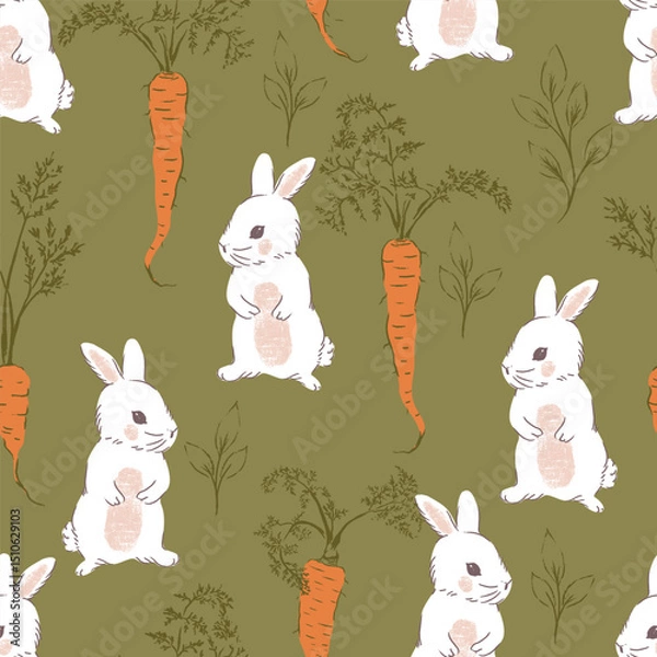 Fototapeta White Standing Rabbits with Carrots Vector Seamless Pattern