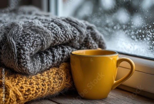 Fototapeta Cozy Scene with Yellow Coffee Mug and Warm Knitted Sweaters