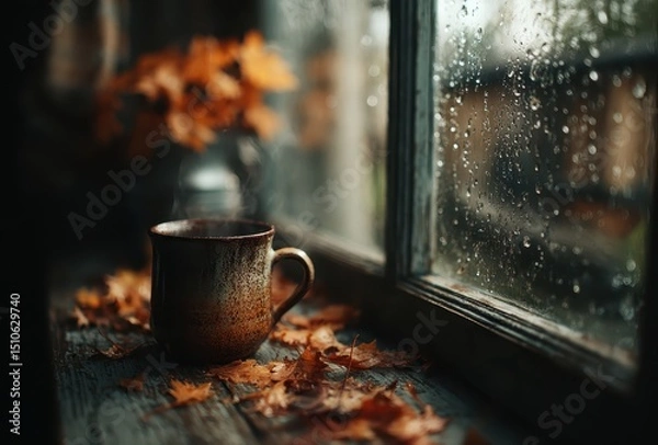 Fototapeta Steaming Mug of Hot Coffee on a Rainy Windowsill with Leaves