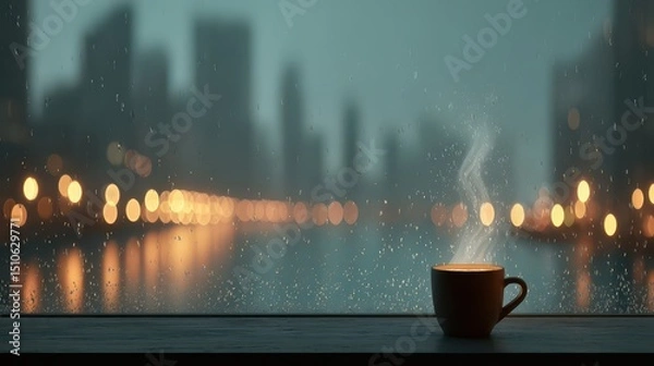 Fototapeta Cozy Cup of Steaming Coffee on Windowsill with City View