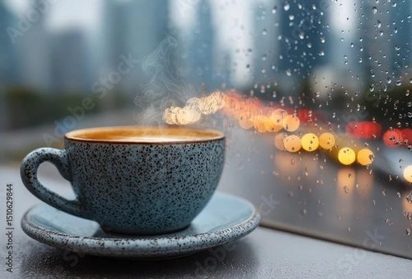Fototapeta Steaming Cup of Coffee on Windowsill with Raindrops Outside the Window