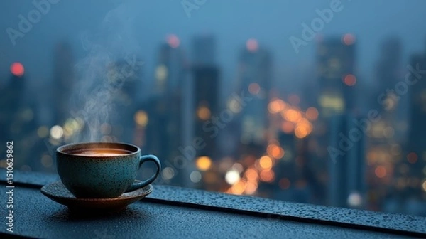 Fototapeta Warm Steaming Cup of Coffee on Windowsill Overlooking Cityscape