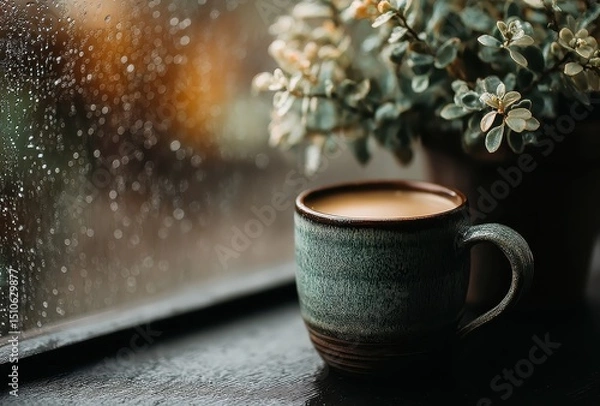 Fototapeta Cozy Scene with Steaming Coffee Cup and Potted Plant by Window