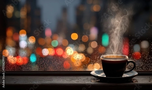 Fototapeta Steaming Cup of Coffee on Table with Blurred City Lights Background